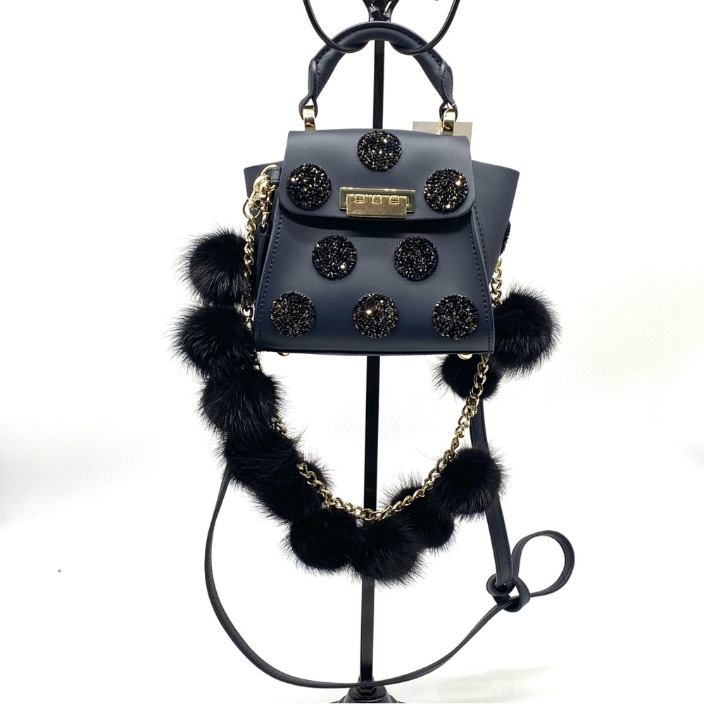 Zac Posen Black Leather Rhinestone Mini Eartha Mink Fur Pom Crossbod Handle Bag